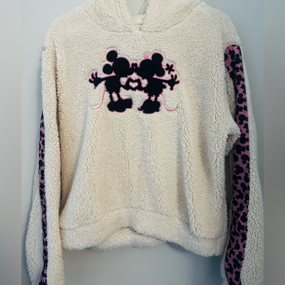 Disney Cream Sherpa Hoodie with Pink & Black Mickey Silhouettes